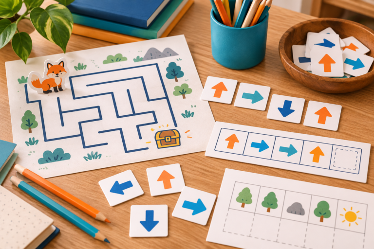 Thẻ mũi tên và mê cung giấy dùng trong trò chơi tư duy tính toán không cần màn hình.