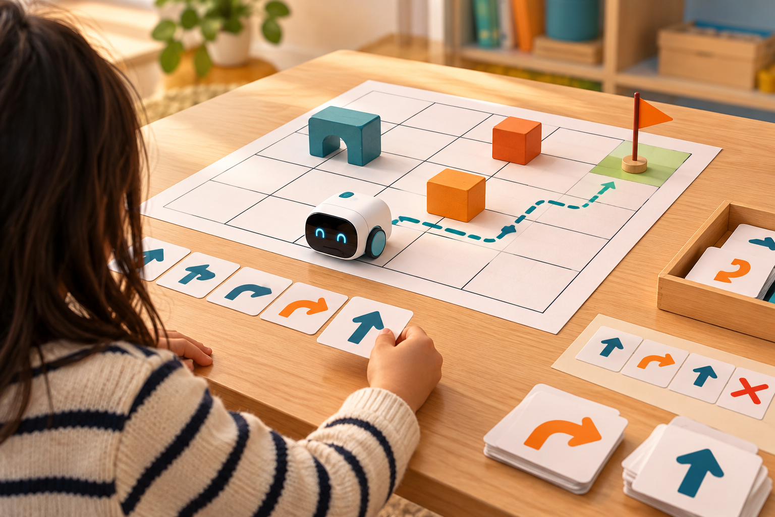 Trẻ thực hiện chuỗi lệnh bằng thẻ để điều khiển robot đồ chơi trên lưới ô.