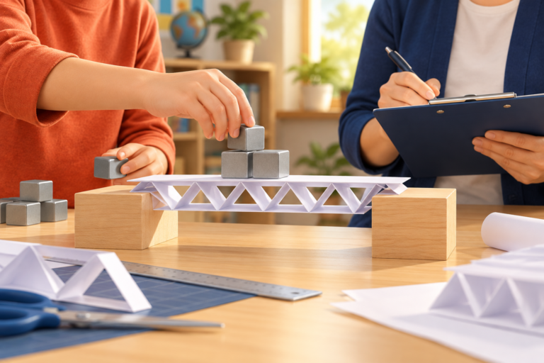 Cầu giấy gấp hình giàn được thử tải bằng các khối nhỏ trong hoạt động STEM.